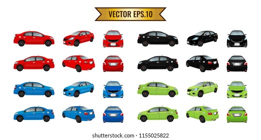 Set cars red black blue and green isolate on the background. Ready to apply to your design. Vector illustration.