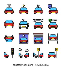 set of cars related, filled outline icon editable stroke