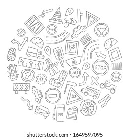 Set of cars, road objects, traffic signs and automobile symbols. Vector illustration in doodle style for driving school, car shops, auto parts store, service centers. Hand drawn