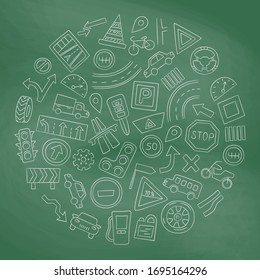Set of cars, road objects, traffic signs and automobile symbols. Vector illustration in doodle style for driving school, car shops, auto parts store, service centers. Chalkboard