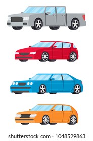 Set of cars side view different colors. Hatchback sedan truck car icon detailed. Vector illustration.