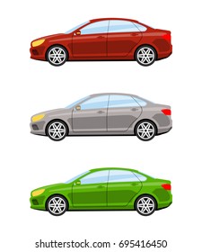 Set of cars side view different colors. Sedan car icon detailed. Vector illustration.