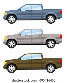 Set of cars side view different colors. Full size truck car icon detailed. Vector illustration.