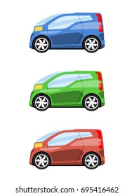 Set of cars side view different colors. Futuristic city van car icon detailed. Vector illustration.
