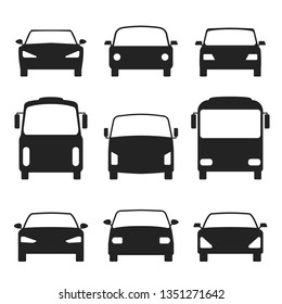 Set of cars silhouette, front view. Bus, truck. Vector illustration EPS 10