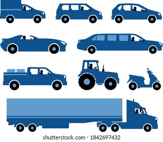 Set Of Cars Silhouettes. 
Stylized silhouettes Cars on a white background. Set of different transport silhouettes. Vector illustration.