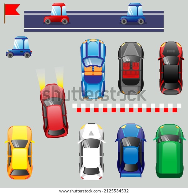 Set of Cars, Sports and\
Regular Vehicle, Top View, Parking, Racing Road, Car with Lights,\
Red Flag, Vector illustration, Flat Design, Isolated on Gray\
Background