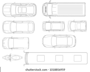 Set of cars top view in outline. Vector set of outline icons cars. City transport. View to the top