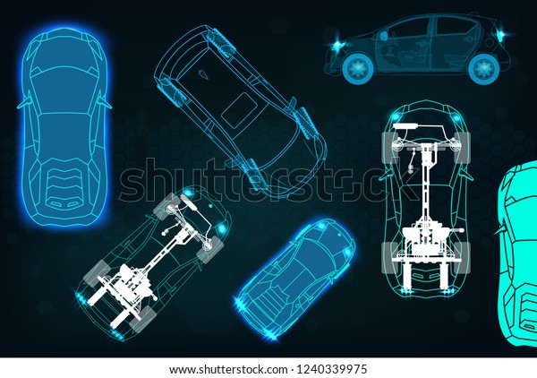 Set cars top view. Vector\
silhouette collection auto. Diagnosis of the state of the machine\
and the virtual scan of the state of the car. Collections auto in\
HUD style