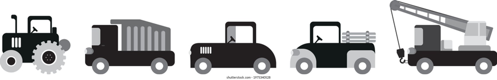 Set of cars and tractors. Working cars. Drawings for children.