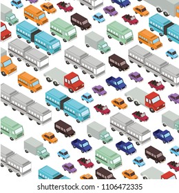 set cars and trucks isometric pattern background