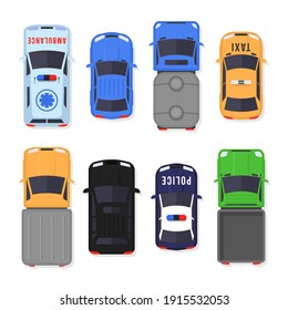 Set Of Cars And Trucks Top View In Flat Style. Vehicles Driving In The City And Service Transport. Realistic Car Design Isolated On White Background. Vector Illustration, Eps 10.