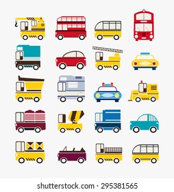 Set of cars of various sizes and colors, including taxi, bus, tractor, truck.