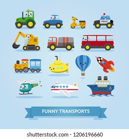 Set of cars, vehicles and other transportation. Vector illustration. Funny cartoon style for kids with cute face