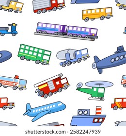 Set of cars, vehicles, and other transportation on seamless pattern design.