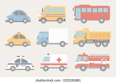 Set of cars, vehicles, and other transports.