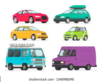 Set Of Cars. Vehicles, Sports Car, Sedan, Station Wagon, Electric Car, Minivan, Truck. Auto Collection On A White Background. Vector Illustration