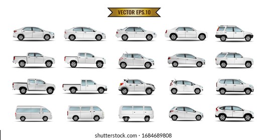 Set cars white mockup realistic isolate on the background. Ready to apply to your design. Vector illustration.