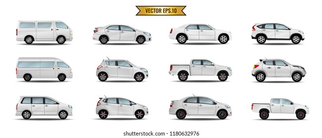 Set cars white realistic isolate on the background. Ready to apply to your design. Vector illustration.