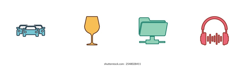 Set Cars, Wine glass, FTP folder and Headphone and sound waves icon. Vector