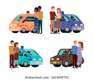 Set of cars with woman and man couple design, Automobile auto transportation vehicle transport wheel automotive and speed theme Vector illustration