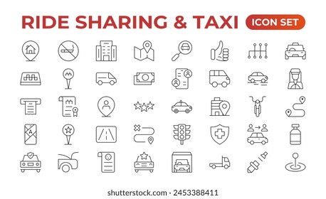 Set von Car-Sharing-Icons. Einfache Line-Art-Stil-Symbole packen. Vektorillustration.Car und mieten Sie einfache minimale dünne Icons. Verwandte Autovermietung, Reparatur, Transport und Reisen. Bearbeitbare Kontur. Abbildung.