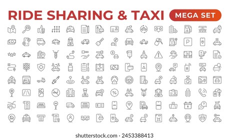 Conjunto de iconos de coche compartido. Paquete de iconos de estilo de arte de línea simple. Ilustración vectorial. Coche y alquiler de iconos simples mínimos delgados. Alquiler de coches relacionados, reparación, transporte y viajes. Trazo editable. ilustración.