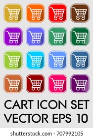 Set of cart icons, rounded square in different color variants, flat buttons with white cart pictogram, vector EPS 10