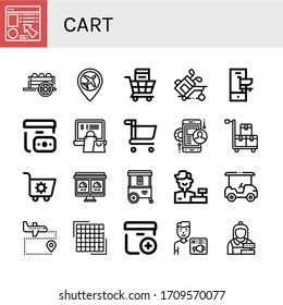 Set of cart icons. Such as Online shop, Cart, Airport, Shopping cart, Golf, Cash on delivery, Online shopping, Mobile app, Online order, Ice cream Cashier, Golf , icons