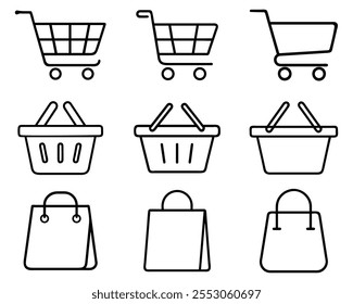 Conjunto de Carrito y bolso de compras E-Commerce Iconos de diseño de Vector