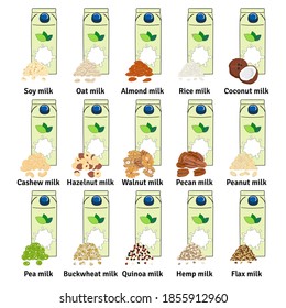 Set of carton boxes with plant-based milk. Vegan milk. Almond, soy, rice, coconut, cashew, hazelnut, oat, flax, walnut, hemp, pea milk. Milk alternatives. Hand drawn vector illustration.