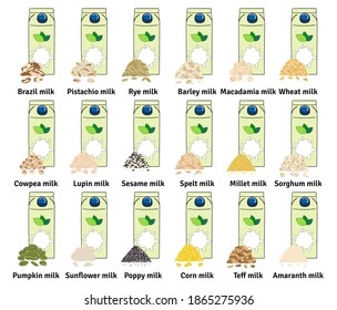 Set of carton boxes with plant-based milk. Vegan milk. Pistachio, pumpkin and sunflower seeds, amaranth, corn, macadamia, sesame milk. Milk alternatives. Hand drawn vector illustration.