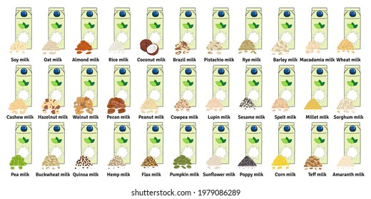 Set of carton boxes with plant-based milk. Vegan milk. Pistachio, pumpkin and sunflower seeds, amaranth, corn, macadamia, sesame milk. Milk alternatives. Hand drawn vector illustration.