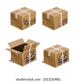 Set of carton boxes for transporting animals isolated on white background. Vector cartoon close-up illustration.
