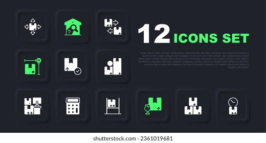 Set Carton cardboard box, Cardboard with clock, Package fragile content, measurement, Calculator, Warehouse check and interior boxes icon. Vector
