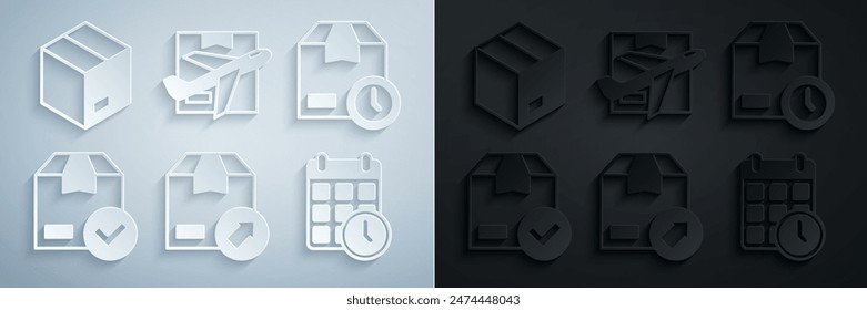 Set Carton cardboard box, Cardboard with clock, ackage check mark, calendar, Plane and and  icon. Vector