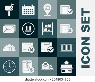 Set Carton cardboard box, Container, Wooden and delete, Location with, This side up, Envelope, Mail and Warehouse icon. Vector
