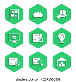 Establecer la caja de cartón y borrar, el paquete de búsqueda, el almacén, la ubicación con, el escudo de seguridad de entrega, el equipo del carrito de compras, las cajas de mano y el icono. Vector