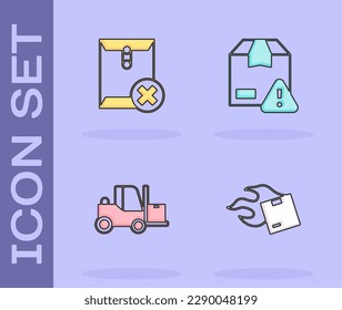 Set Carton cardboard box, Delete envelope, Forklift truck and Delivery security with shield icon. Vector