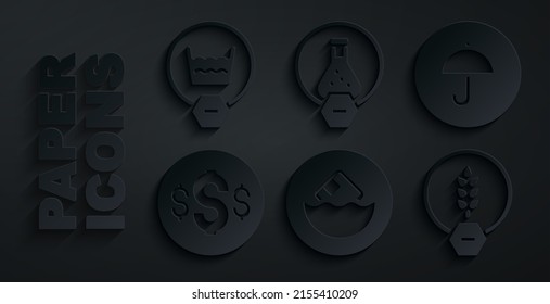 Set Carton cardboard box, Delivery package with umbrella, Dollar symbol, Gluten free grain, Test tube and flask and Delicate wash icon. Vector