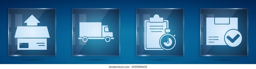 Set Carton cardboard box, Delivery cargo truck vehicle, Verification of delivery list clipboard and Package box with check mark. Square glass panels. Vector