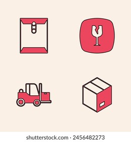 Set Caja de cartón de cartón, sobre, frágil vidrio roto e icono de carretilla elevadora. Vector