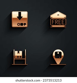 Set Carton cardboard box, Free storage, Warehouse interior with boxes and Location icon with long shadow. Vector