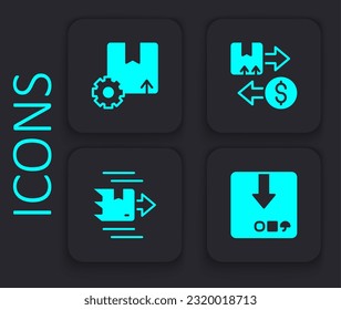 Set Carton cardboard box, Gear with package, Tax and  icon. Black square button. Vector