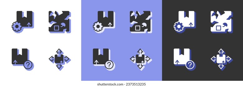 Set Carton cardboard box, Gear with package,  and Broken icon. Vector