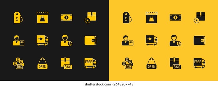 Set Carton cardboard box, Hanging sign with text Open, Buyer, Item price tag dollar, Delivery cargo truck, Stacks paper money cash, Price and Shopping day icon. Vector