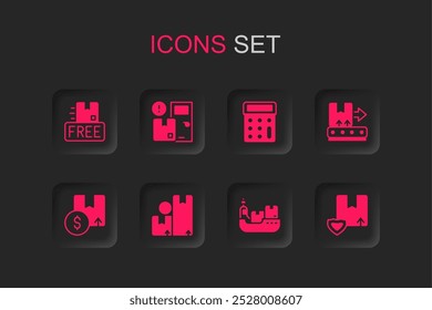 Set Carton cardboard box, Home delivery services, Cardboard with free symbol, Cargo ship boxes, Conveyor belt, Delivery security shield, Calculator and  icon. Vector