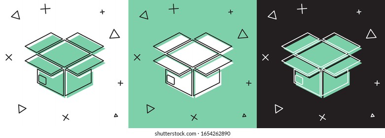 Set Carton cardboard box icon isolated on white and green, black background. Box, package, parcel sign. Delivery and packaging.  Vector Illustration
