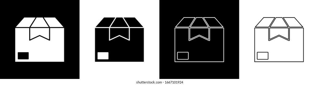 Set Carton cardboard box icon isolated on black and white background. Box, package, parcel sign. Delivery and packaging.  Vector Illustration