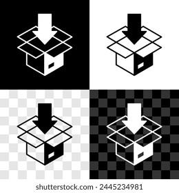 Set Carton cardboard box icon isolated on black and white, transparent background. Box, package, parcel sign. Delivery and packaging.  Vector